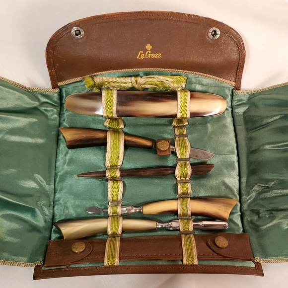 7pc VTG La Cross Bakelite Nail Grooming Manicure Set Leather Silk Case - Picture 1 of 11